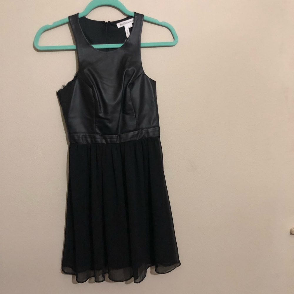 BCBG MaxAzria || flattering faux leather dress